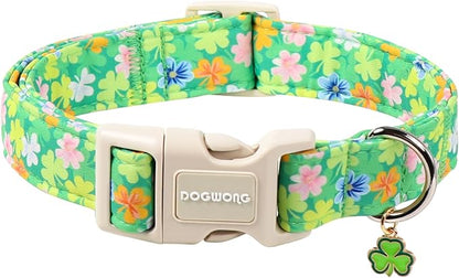 DOGWONG St. Patrick Dog Collar, Comfortable Adjustable Green Clover Pattern Dog Collar for Large Male Female Dogs,XL