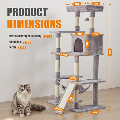 Large Cat Tree 63 Inch, Multi-Level Tall Cat Tree Tower with Condo, Perch, Sisal Scratching Posts Board and Hammock, Pet Play House with Dangling Balls for Indoor Cats, Light Grey