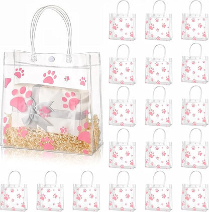 Teling 20 Packs Dog Paw Clear PVC Gift Bags with Handle Reusable Plastic Wrap Tote Bags Transparent for Puppy Pet Treat Party Favor Birthday Wedding Party, 8 x 8 x 3.15 Inch(Pink)