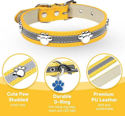 PETCARE Reflective Dog Collar with Cute Paw Rivet Studded Funny Soft PU Leather Adjustable Puppy Dog Collars for Small Medium Large Dogs Cats (Yellow,Large)