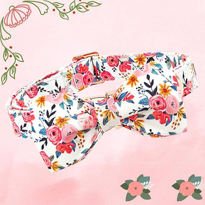 Lionheart glory Dog Collar Bow Collar Floral Dog Collar with Bow Tie Spring Summer Cute Collar Dog Boy or Girl Dog Collars Soft Durable Adjustable Dog Collars for Small Dogs