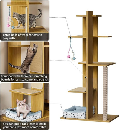 PAKASEPT 65.5" Tall Cat Tree, Multi-Level Modern Cat Tower with Sisal Scratching Posts, Cat Bed, Cat Balls, Freestanding Wooden Cat Activity Center, Cat Tree Tower for Indoor Small Large Cats