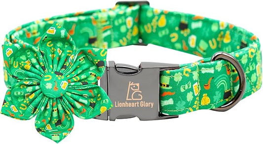 Lionheart glory St. Patrick's Day Dog Collar with Flower Dog Collars for X-Small Dogs, Heavy Duty Green Collars Bows Lucky Clover Shamrock Pet Collar Flower Puppy