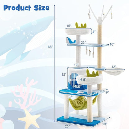 Tangkula Ocean-Themed Cat Tree, Multi-Level Cat Tower with Sisal Scratching Posts, Condo, Perch, Hammock, Jump Platforms, Hanging Interactive Toys, Cute Cat Activity Center for Indoor Cats (65 Inch)