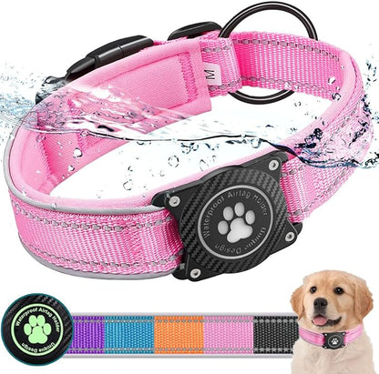 Airtag Dog Collar with Waterproof Air Tag Holder, Luminous Reflective, Soft Padded, Adjustable Nylon Pet Collar for Small Medium Large Heavy Duty Dogs,Pink, XL