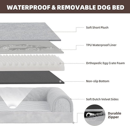 Simple Trending Orthopedic Dog Beds Large Sized, Dog Couch Sofa Bed with Washable Cover, Waterproof Egg-Crate Foam Pet Bed with Sides, Grey
