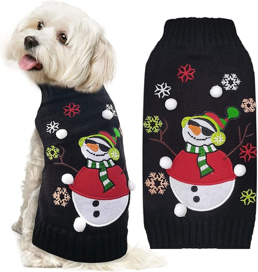 Christmas Dog Sweaters Xmas Pet Outfit Clothes Cute Black Snowman Costume Puppy Cat Knitted Jumpers (XS,Black Snowman)