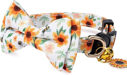 2 Pack Cotton Cat Collar with Bow Tie and Bell for Girl Boy Cats,Cute Pink Flamingo and Blue Whale Pattern Spring Summer Breakaway Cat Collar for Male Female Cats (Flower&Sunflower)