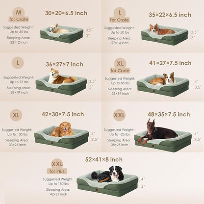 EHEYCIGA Orthopedic Dog Bed for Medium Dog, 30x20x6.5 Inch Memory Foam Dog Couch Bed with Sides, Waterproof Liner & Washable Removable Cover, Bolster Pet Sofa, Green
