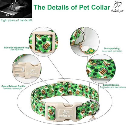 St Patricks Day Dog Collar for Medium Dogs - Green Beer Shamrock Dog Collars for Boys&Girls Dogs, Adjustable Irish Clover Puppy Collar with Quick Release Buckle M