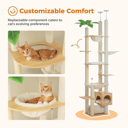 PETEPELA Floor to Ceiling Cat Tree,93.3''-100.8'' Height Adjustable Wooden Cat Tower, Tall Modern Climbing Tree with Large Hammock, Soft Perch and Scratching Post for Indoor Cats Large Adult, Beige