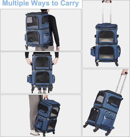 Double-Compartment Pet Carrier Backpack with Wheels for Small Cats and Dogs, Cat Rolling Carrier for 2 Cats, Perfect for Traveling/Taking a Walk/Trips to The Vet, Blue