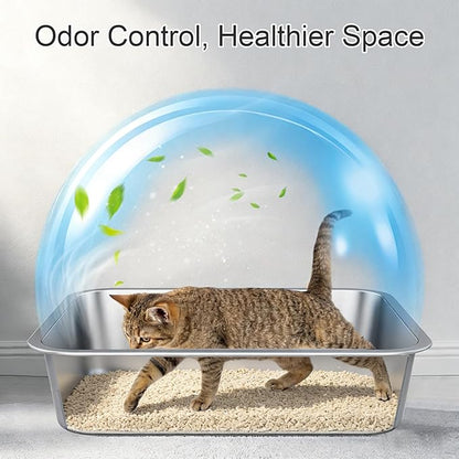 Large Stainless Steel Litter Box with High Sided, Metal Cat Litter Box, Odor-Free Non-Stick Litterbox Pan, Easy to Clean Pet Supplies Toilet Tray for Indoor Cats, Kittens or Multicat Homes