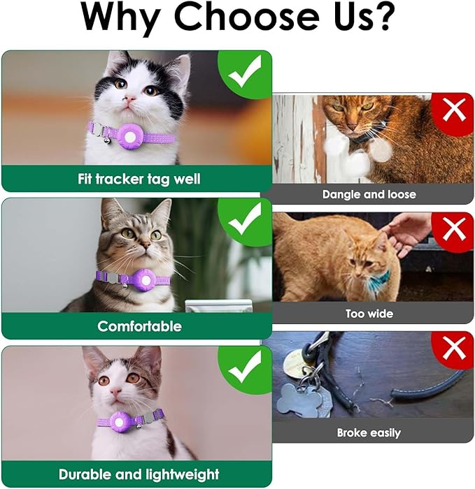 Cat GPS Tracker, Smart Cat GPS Tracker Compatible with Apple Find My App (Only iOS), No Monthly Fee, Waterproof (White Tracker, Purple Cat Collar)