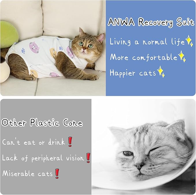 ANWA Cat Recovery Suit - Breathable Cat Onesie for Cats After Surgery Female, Kitten Surgery Recovery Suit Female Abdominal Wounds