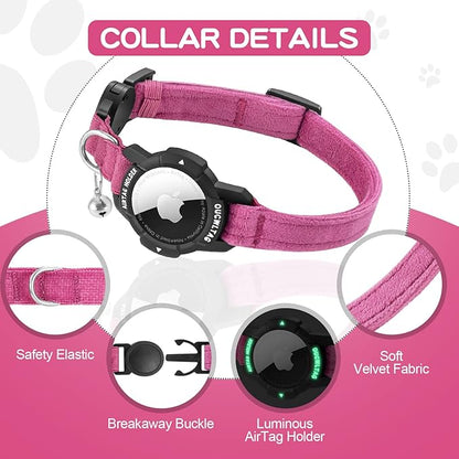 Luminous AirTag Cat Collar Breakaway, OUCWLTAG GPS Cat Collar with Apple Air Tag Holder, Cat Tracker Collars with Safety Elastic Band for Girl Boy Cats, Kittens and Puppies (Pink, 7-10 Inch)