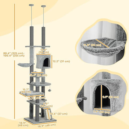 PawHut Floor to Ceiling Cat Tree, 89"-100" Adjustable Height Cat Climbing Tower Activity Center for Indoor Cats with Cat Perch, Condo, Hammocks, Scratching Posts & Ramp, Gray