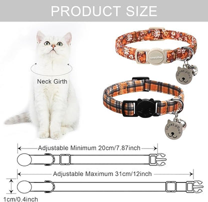 Lionet Paws 2pcs Pack Halloween Cat Collar,Brown Blossoms and Black Brown Grid with Breakaway Buckle,Cute Adjustable Cat Kitten Collar,Ideal for Girl Cats