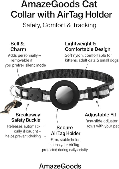 Pink AirTag Cat Collar – Breakaway Reflective Nylon Kitten Collar with Apple AirTag Holder & Bell, Adjustable 1cm Cat Collar for Girls & Boys (Fits 8.66–13.78 in)