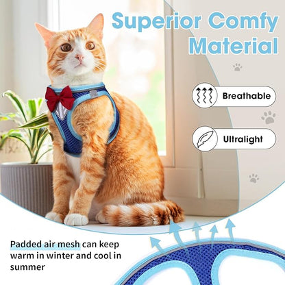 Cat Vest Harness and Leash Set for Walking, Escape Proof, Adjustable Kitten Harness, Breathable Mesh with Reflective Strips, Detective Conan-Inspired Design, Blue, Medium