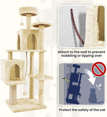 58.5inch Large Cat Tree Tower Condo for Indoor Cats, Soft Plush Multi-Level Climbing Tree Cat House, Scratching Post, More Entrance/Exit, Sisal Rope, Beige Almond