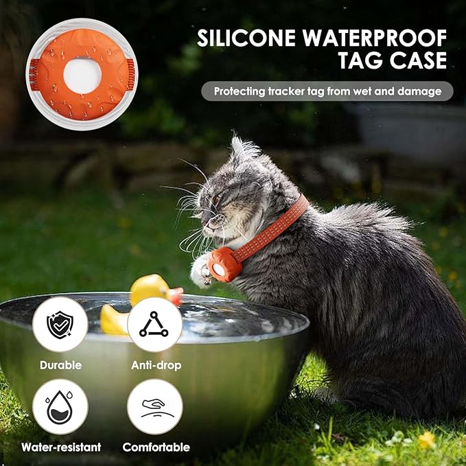 Cat GPS Tracker, Smart Cat Tracker Compatible with Apple Find My App (Only iOS), No Monthly Fee, Waterproof (White Tracker, Orange Cat Collar)