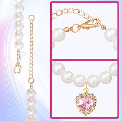 2pcs Cat Pearl Collar with Heart Pendant, Cute Pearl Pet Necklace in Small, Adjustable Wedding Party Small Dog Jewelry Accessories for Puppy Kitten- Pink & Red
