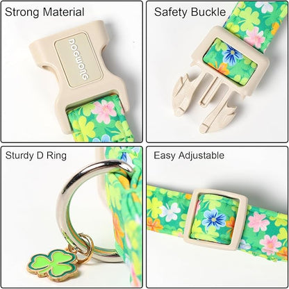 DOGWONG St. Patrick Dog Collar, Comfortable Adjustable Green Clover Pattern Dog Collar for Large Male Female Dogs,L