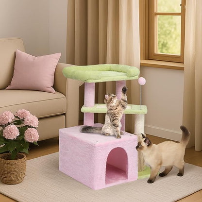VINGLI Cat Tree, 27 inch Small Cat Tower with Scratching Post and Pad, Cat Condo for Indoor Kittens Padded Top Bed, Cats Indoor Activity Center (Pink & Green)