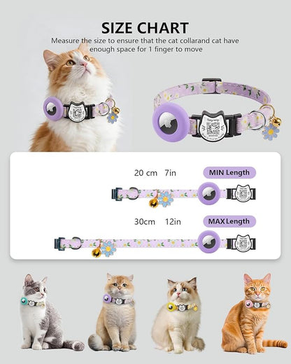 Breakaway Cat Collar with QR Code ID & AirTag Holder, Adjustable Cotton Kitten Collar with Bell, Cute Floral Safety Collar for Indoor & Outdoor Cats Pastoral Style with airtag Holder(Yellow)