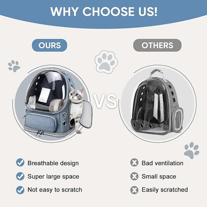 Cat Backpack Carrier, Breathable Cat Bubble Backpack for Kitty & Small Dog, Large Space Cat Carrier Backpack, Foldable Airline Approved Carrier for Trip Vet Travel up to 18lbs（Blue）