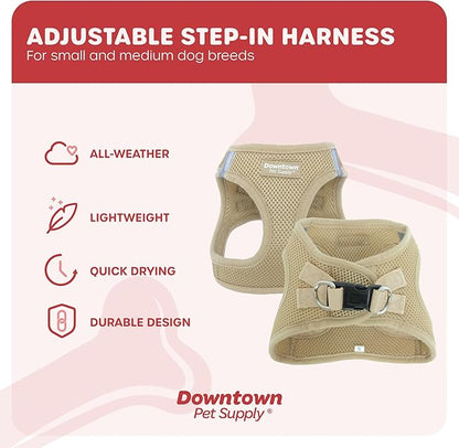 Downtown Pet Supply Step in Dog Harness for Small Dogs No Pull, Large, Khaki - Adjustable Harness with Padded Mesh Fabric and Reflective Trim - Buckle Strap Harness for Dogs
