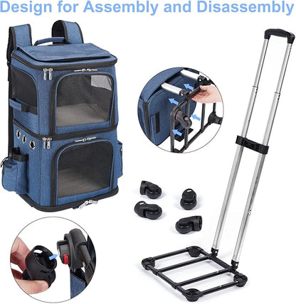 Double-Compartment Pet Carrier Backpack with Wheels for Small Cats and Dogs, Cat Rolling Carrier for 2 Cats, Perfect for Traveling/Taking a Walk/Trips to The Vet, Blue