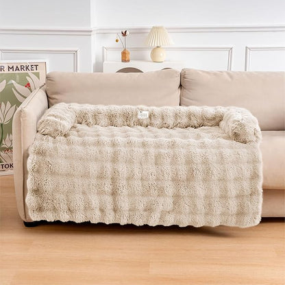 FUNNY FUZZY Pet Fluffy Plush Calming Dog Couch Bed Sofa Protector Washable Pets Mat for Large Medium Small Dogs and Cats (Coffee, 47"×33.5"×6")