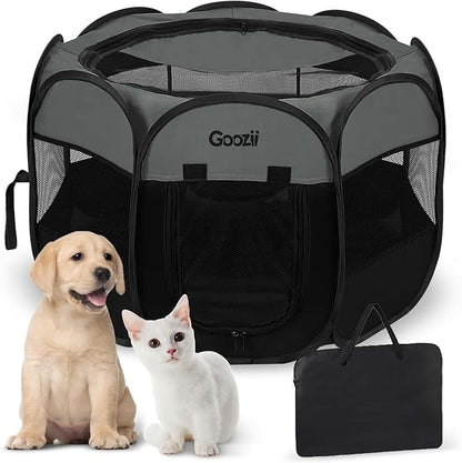 Portable Puppy Playpen Indoor, Small Dog Playpen, Pop Up Kitten Cat Play Pen Tent for Outdoor, Foldable Pet Cage Crate Kennel with Zip Gate Top Cover Bottom for Travel Camping RV Car (Black)