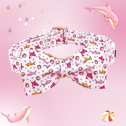 Lionheart glory Dog Collar Shark Print Dog Bow Collar Pink Dog Collar Male or Female Summer Spring Collars with Bowtie Pet Gift Durable Adjustable Soft Dog Collar for Large Dogs
