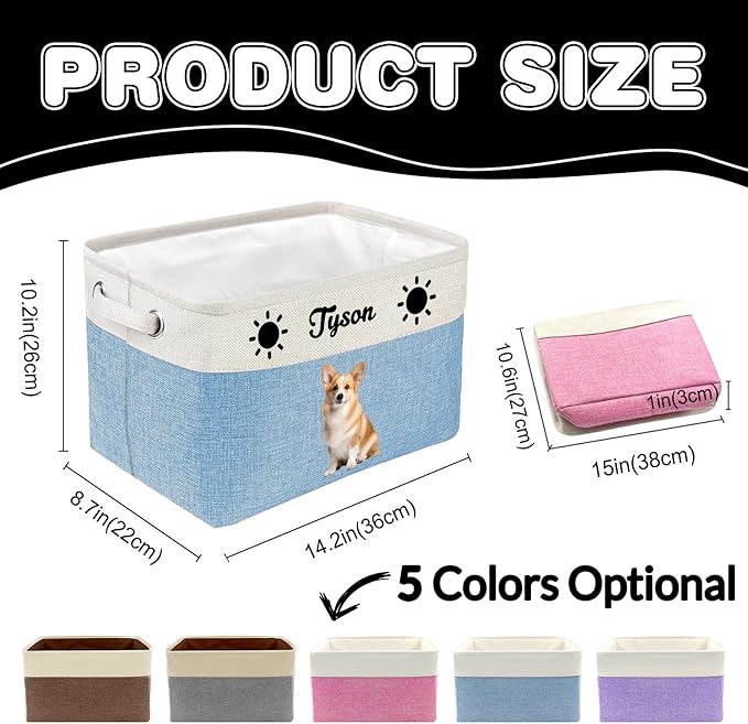 Personalized Dog Toy Storage Basket Custom Dog Name Photo Cat Pet's Gift Baskets Collapsible Organizer Box Foldable Storage Basket with Handle for Toys, Coats, Clothing, Blankets, Pink