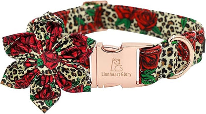 Lionheart Glory Dog Collar, Red Rose Dog Collar with Flower, Cute Floral Pattern Pet Collar Adjustable Dog Collar for Large Dogs