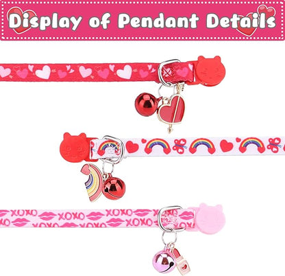 Breakaway Cat Collars with Bell & Cute Pendants, 3 Pack Safety Buckle Kitten Collars, Adjustable Pet Collar Ideal for Girl Boy Cats Puppy (Love Heart)
