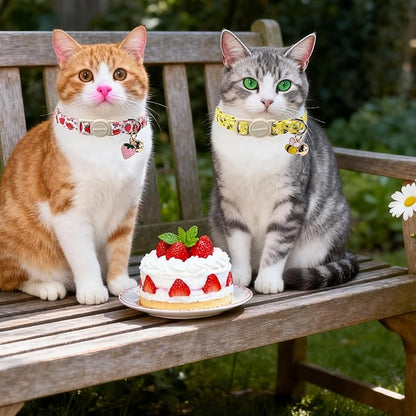 2 Pack Bee Cat Collars Breakaway with Bell, DOGWONG Safety Buckle Cute Strawberry Cat Collar for Girl Boy Cats，Adjustable 7-12 Inch