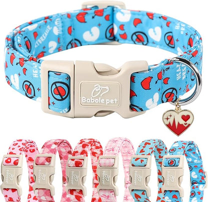 Valentines Dog Collar, Blue Heart Dog Collar, Cute Loving Heart Printed Collar with Quick Release Plastic Buckle for Boys&Girls Dogs, Large