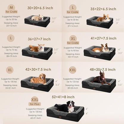 EHEYCIGA Orthopedic XXL Dog Bed for Large Sized Dog, 52x41x8 Inch Extra Large Memory Foam Dog Couch Bed with Sides, Waterproof Liner & Washable Removable Cover, Bolster Pet Sofa, Grey/Black