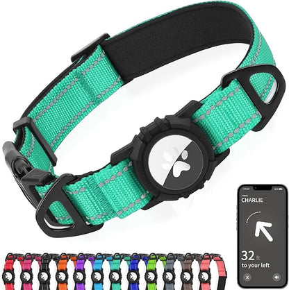 Joytale Airtag Dog Collar, Reflective Pet Collar with Waterproof AirTag Holder, Dual D-Rings, Soft Padded Adjustable for Extra Large Dogs, Teal, XL