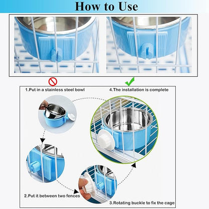 4 Pieces Crate Dog Bowl, Removable Stainless Steel Pet Kennel Hanging Food Water Feeder Bowl Cage Coop Cup for Puppy Medium Dog Cat Rabbit Ferret Bird