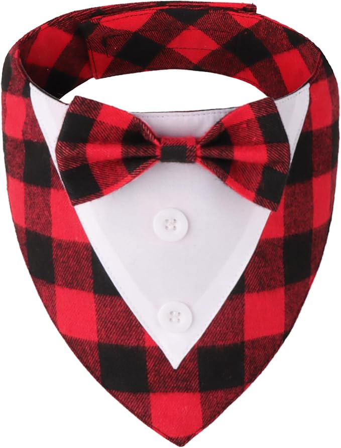 ADOGGYGO Christmas Dog Tuxedo Bandana, Red Plaid Xmas Pet Bowtie Collar, Adjustable Christmas Costumes for Extra Large Dogs (XL)
