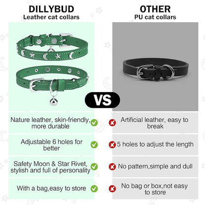 Leather Cat Collars for Boy Girl Cats with Bell and Safety Elastic Belt, Personalized Star and Moon Stud Adjustable Safe Buckle Collar for Kitty Small Big Cats Size 8-12 Inch, Green