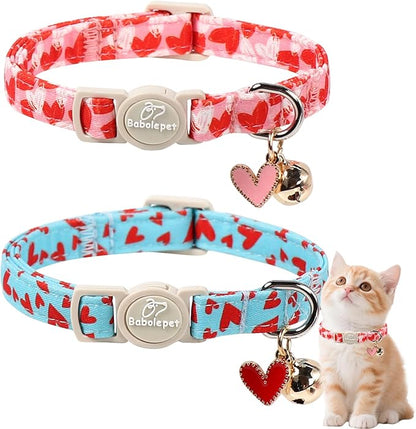 2 Pack Valentines Cat Collars - Valentine Breakaway Cat Collar with Bell, Pink and Red Heart Pendant, Adjustable Kitten Collars for Girl Boy Cats, Cute Red Hearts