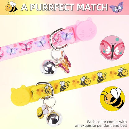 PUPTECK Breakaway Cute Cat Collar with Bell Charm, 2 Packs Adjustable Kitty Collars Animals Pattern, Pink&Yellow, 7.8-11.8 in