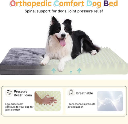 Waterproof Large Dog Bed - XL Dog Bed for Crate, Washable Crate Bed with Orthopedic Pet Mat with Egg Crate Foam, Anti-Slip, Reversible & Washable Cover, 41" x 27", Gray