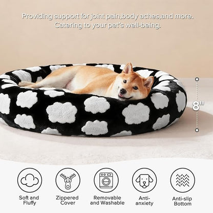 JOEJOY Donut Calming Small Dog Bed, Round Cat Beds for Indoor Cats with Removable Washable Cover, 23In Orthopedic Cute Puppy Kitten Pet Bed with Jacquard Shaggy Plush & Non Skid Bottom, Black